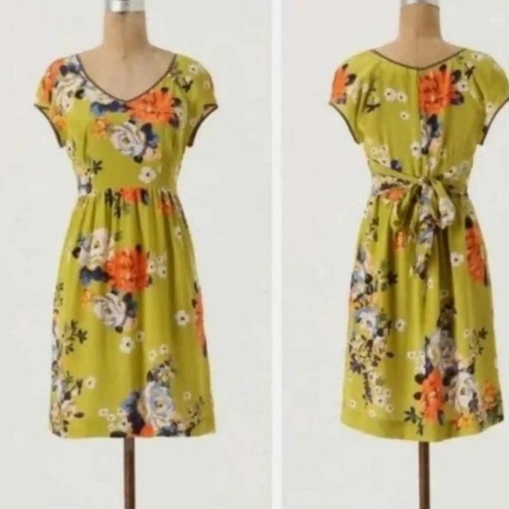 Anthropologie Moulinette Soeurs 100% Silk Floral Dress Cap Sleeve Pockets Size 0